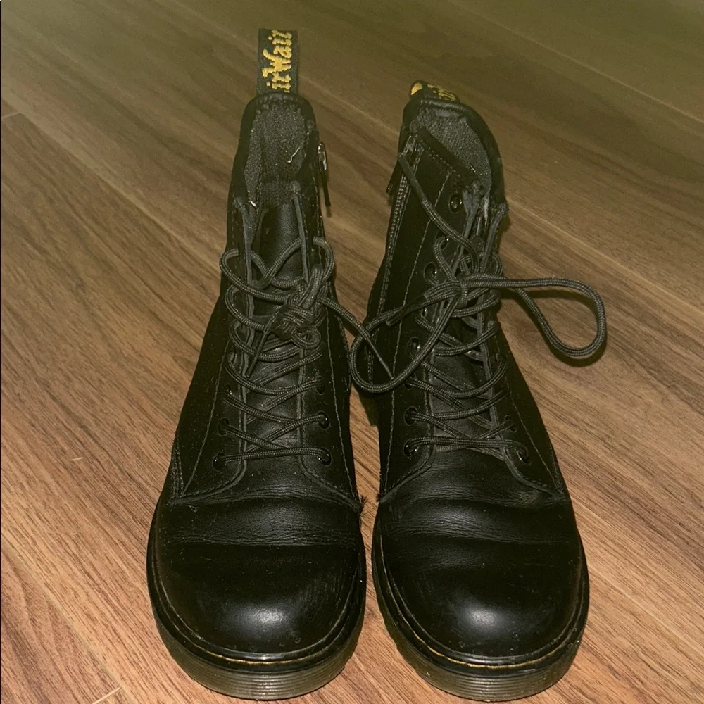 Dr. Martens Black Leather Lace-Up Boots with Yellow Pull Tab